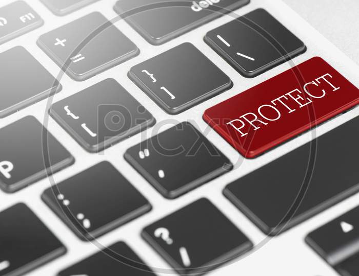 "Protect" Red Button Keyboard On Laptop Computer For Business And Technology Concept