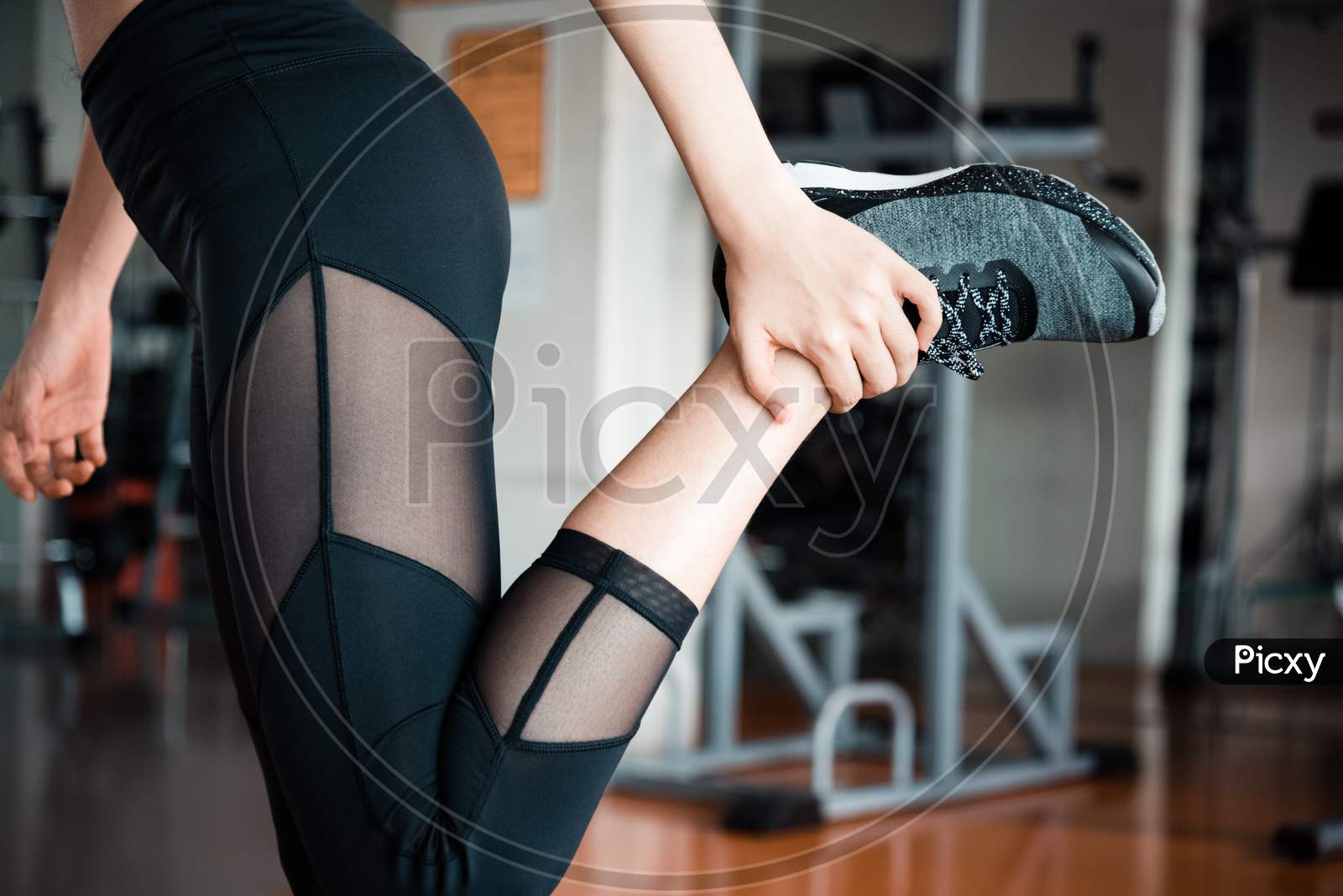 Legs Stretching By Hands Before Workout And Exercise. Sports And Healthcare Concept. Beauty And Weight Loss Concept. Fitness Gym And Sports Club Theme