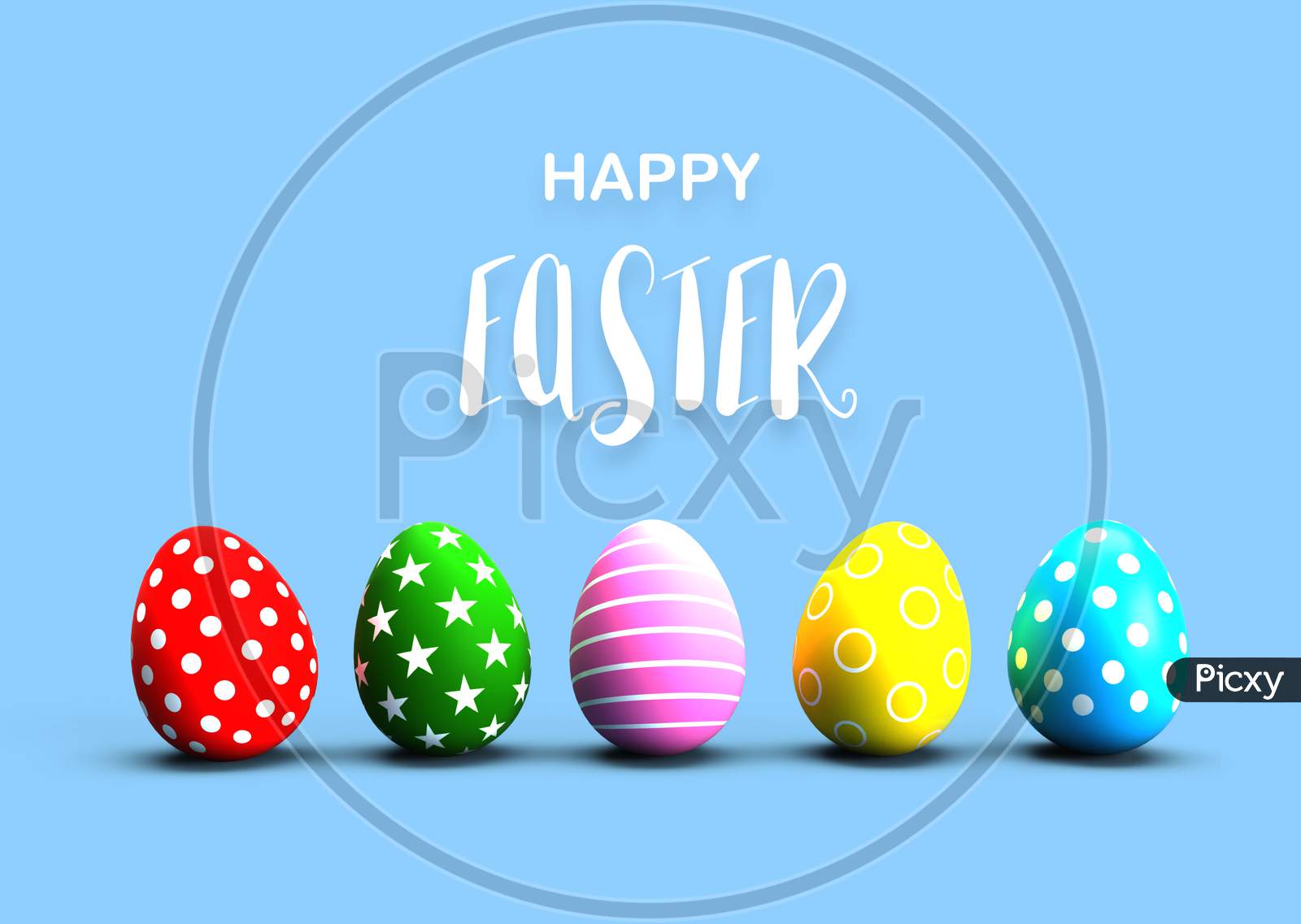 Colorful Painted Easter Eggs With Calligraphy Text On Blue Floor Background. Holiday And Festival Concept. Dot Star And Line Fantasy Pattern Art. 3D Illustration With Copy Space
