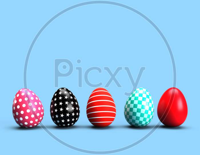 Colorful Painted Easter Eggs On Blue Floor Background. Holiday And Festival Concept. Dot Star And Line Fantasy Pattern Art. 3D Illustration With Copy Space