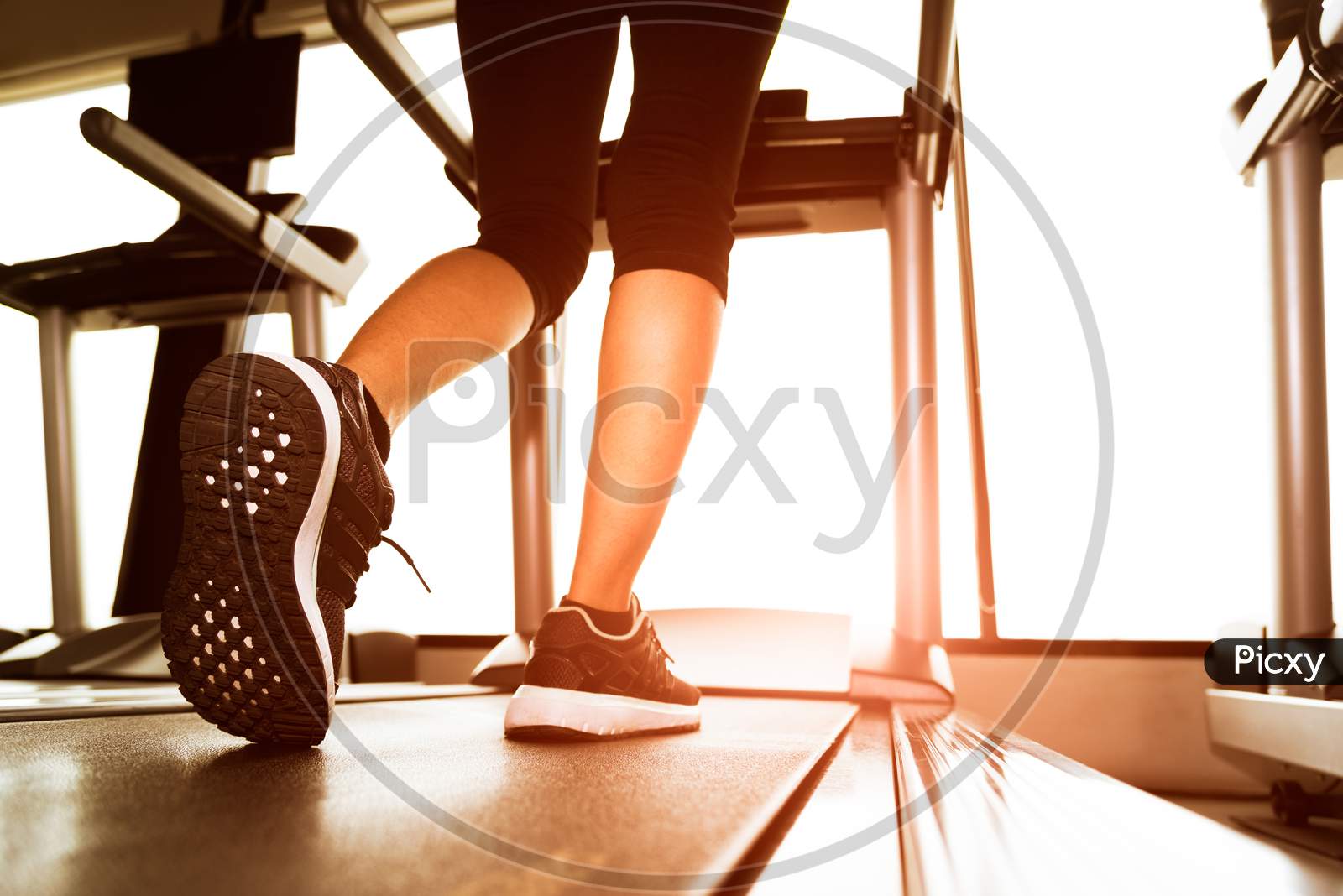Back View Of Lower Body Legs Of Fitness Girl Running On Machine Or Treadmill In Fitness Gym With Sun Ray. Warm Tone. Healthy And Exercise Activity Concept. Workout And  Strength Training Theme.