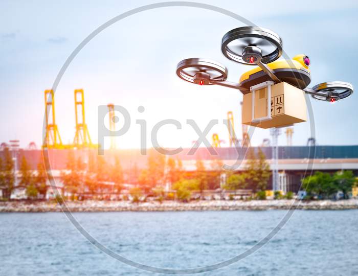 Delivery Drone Delivering Petrochemical Product From Oil Refinery For Shipping Fine And Crude Oil To Drilling Platforms Or Customer. Modern Innovative Technology And Security Gadget. Unmanned Drone