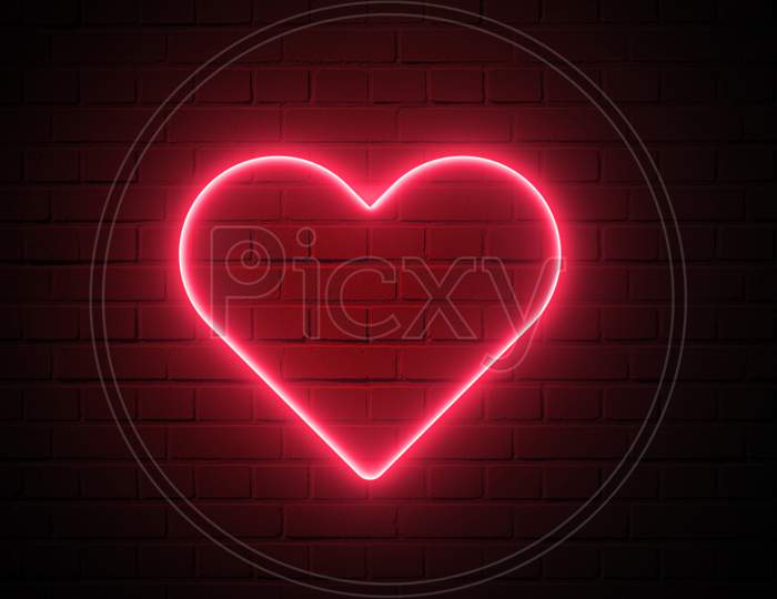 Red Heart Shape Neon Light On Dark Wall Background. Abstract And Decoration Concept. Happy Valentines Day Element. Sign And Symbol Electric Light Glow Banner. 3D Illustration Render. 4K Footage Video