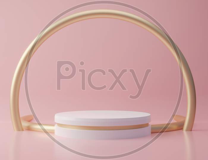 Pink Pastel Product Stand With Gold Ring On Background. Abstract Minimal Geometry Concept. Studio Podium Platform Theme. Exhibition And Business Marketing Presentation Stage. 3D Illustration Rendering