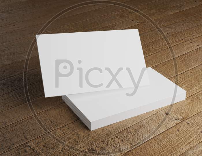 White Business Card Mockup Stacking On Wooden Table. Office Supply Object Background Concept For Brand Presentation Template Print. 3.5 X 2 Inch Paper Size Empty Blank Cover. 3D Illustration Rendering