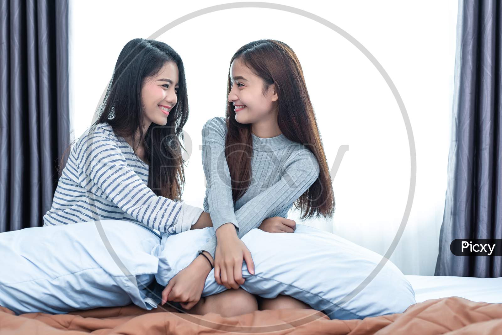 Image Of Two Asian Lesbian Women In Bedroom Couple People And Beauty Concept Happy Lifestyles