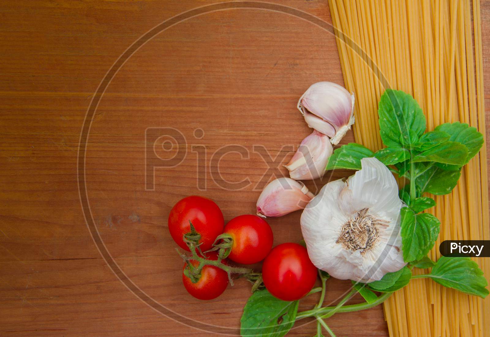 Background Ingredients Kitchen Top View With Noodles Eggs Tomatoes And Fresh Herbs
