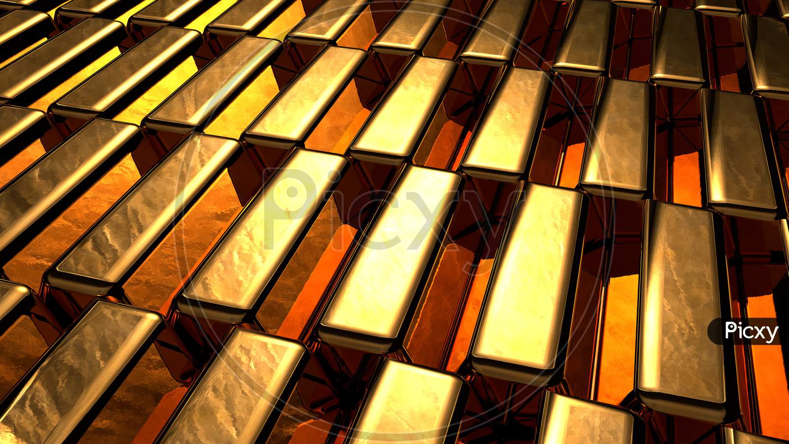 Group Of Many Shiny Gold Bar Arrangement In A Row. Business Gold Future And Financial Concept. 3D Illustration Rendering. World Economics And Currency Exchange. Money Trade And Safe Haven Marketplace