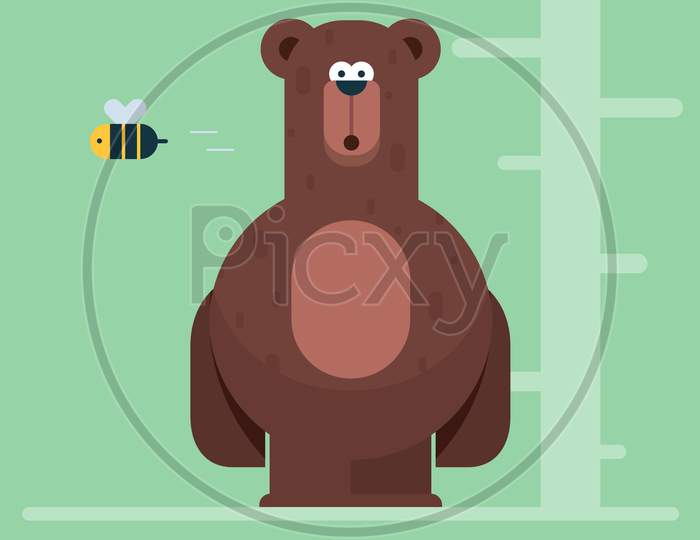 Bear And Bee Flat Illustration Background. Animals And Insects, Wildlife Vector.