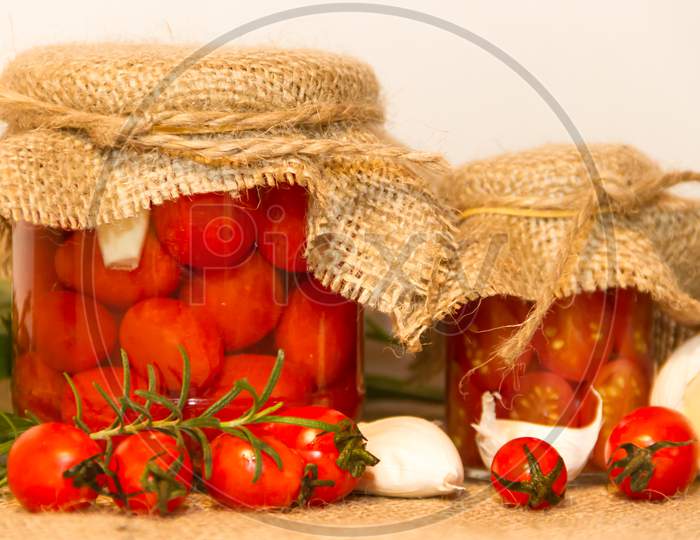 Pickled Cherry Tomatoes In Vinegar With Garlic And Spices