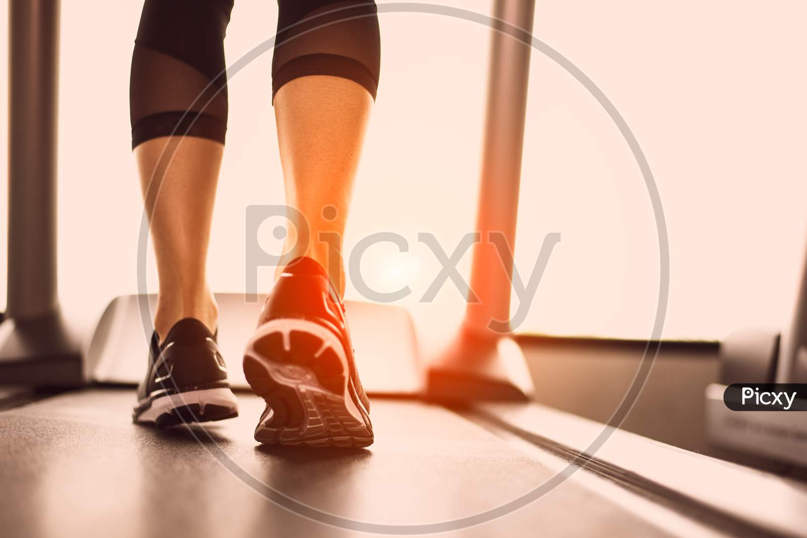 Close Up Of Woman Legs Jogging On Treadmill With Sportwear And Sneakers. Sport And Workout Concept. People And Leisure Concept. Healthcare And Lifestyles Theme. Back View Of Lower Body . Warm Tone