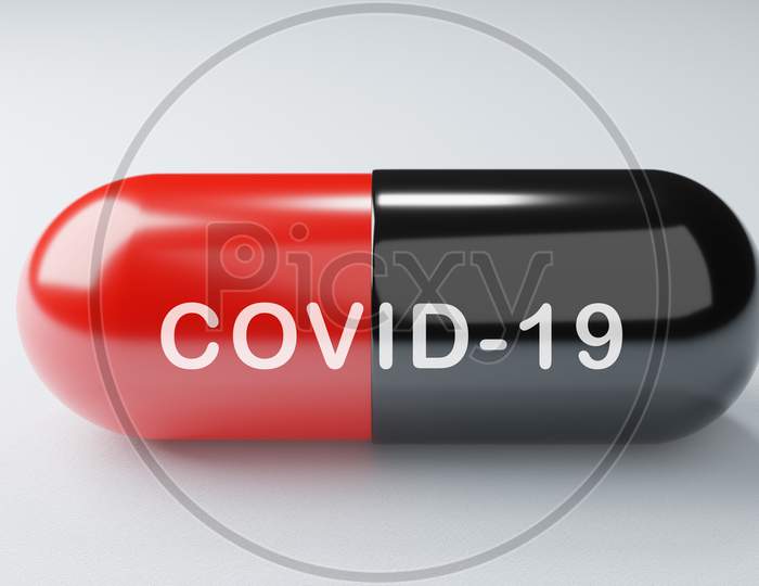 Closeup Covid-19 Antiretroviral Drugs Capsule On White Background. Medicine And Vaccine Concept. Medical Science Healthcare. Antibiotic Immunity Researching. Red Black Color. 3D Illustration Render