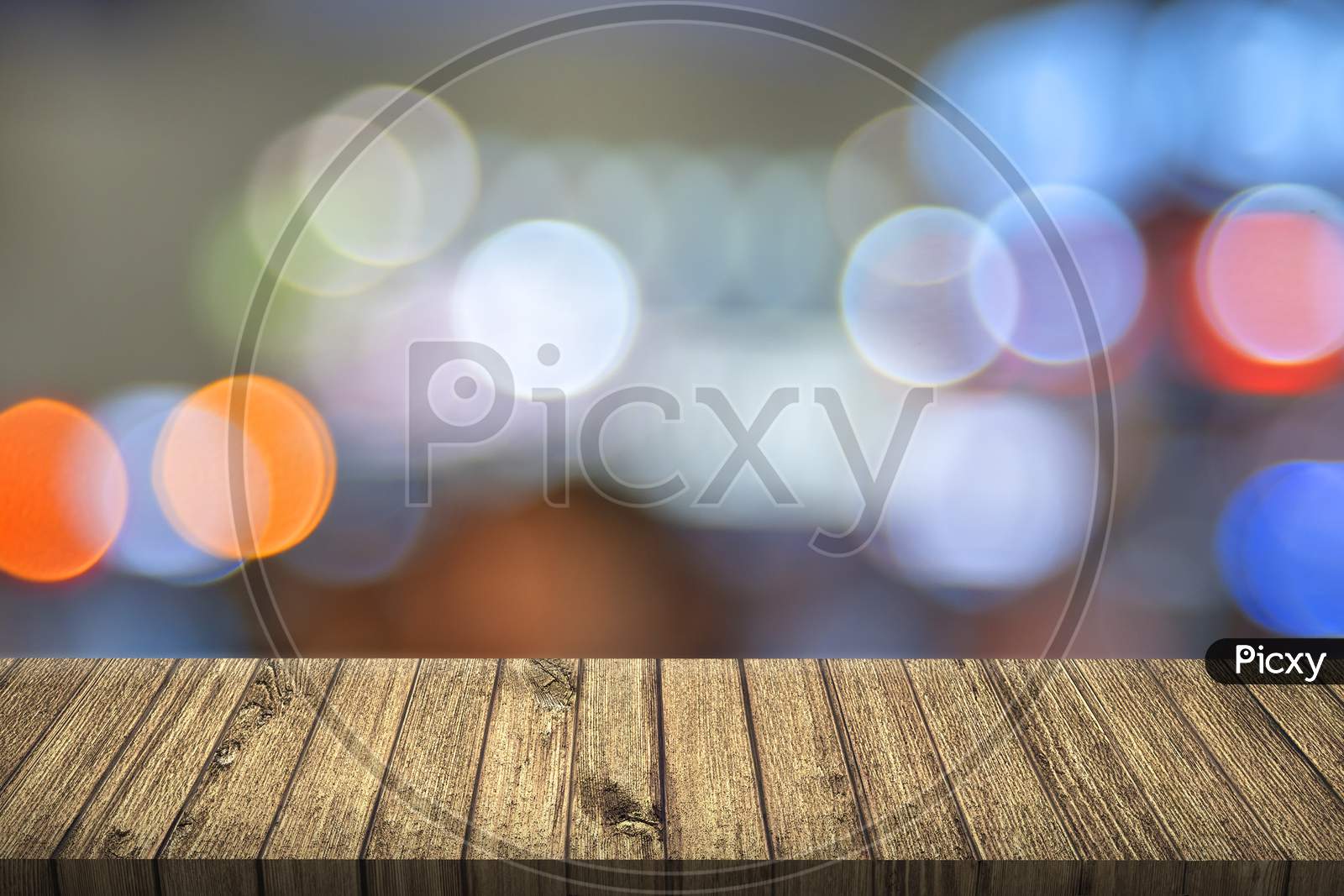 Empty Table With Colorful Bokeh. 3D Illustration. City Light Concept