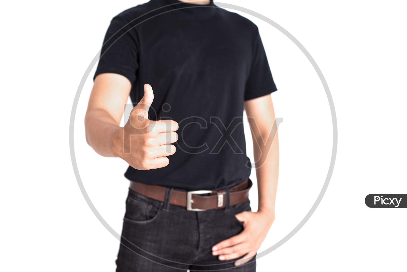 Man Give Thumbs Up On Isolated White Background. Cheerful And Success Of People Concept. Casual And Jeans Theme