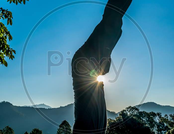 Meditation With Yoga Exercises In The Beautiful Mountain Valley Of Uttarakhand In India, The Name Of The Pose Is Sanskrit Name Salamba Sirsasana Or Supported Headstand