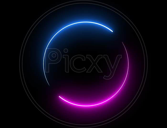 Round Circle Picture Frame With Two Tone Neon Color Shade Motion Graphic On Isolated Black Background. Blue And Pink Light Moving For Overlay Element. 3D Illustration Rendering. Empty Space In Middle