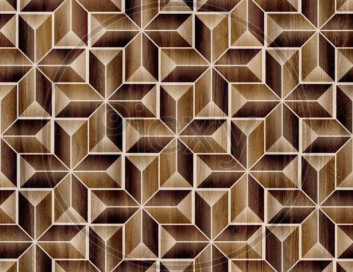 Geometric Pattern Wooden Mosaic Decor Wall And Floor 3D Background.