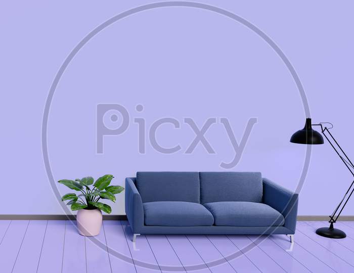 Modern Interior Design Of Purple Living Room With Sofa An Plant Pot On White Glossy Wooden Floor. Lamp Element. Home And Living Concept. Lifestyle Theme. 3D Illustration Rendering.