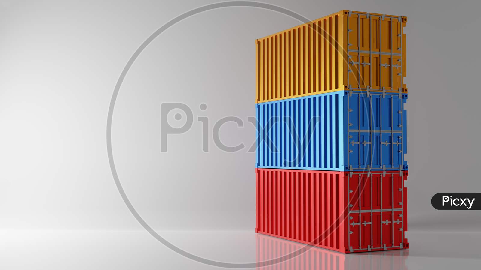 Three Color Intermodal Container Stack On White Background. Industry Shipping Container Storage Cargo In Warehouse Shipyard Dock. Import And Export Concept. Studio Shot. 3D Illustration Rendering