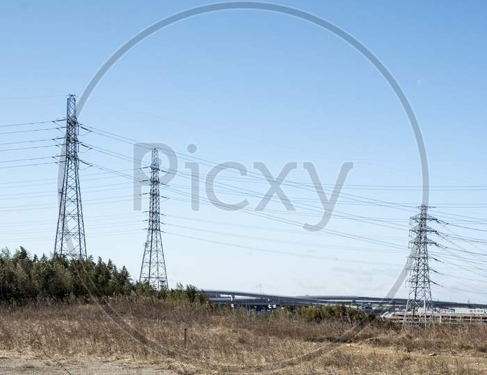 Power Line In Nature And Sky, Landscape, Technology Concept