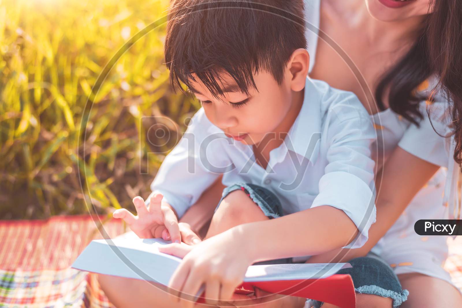 Little Asian Boy And His Mother Reading Tale Story Books At Meadow Field. Mother And Son Learning Together. Celebrating In Mother Day And Appreciating Concept. Summer People And Lifestyle Education