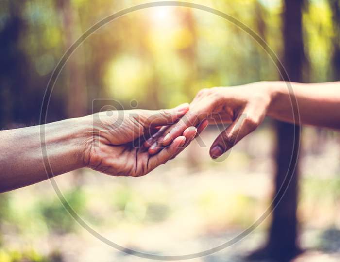 Closeup Of Helping Hand Of Human During Travel In Forest. Hand In Hand Together. Two Hands Holding For Support Each Others. People And Harmony Concept. Giving Hands For Low Circumstances Suffering