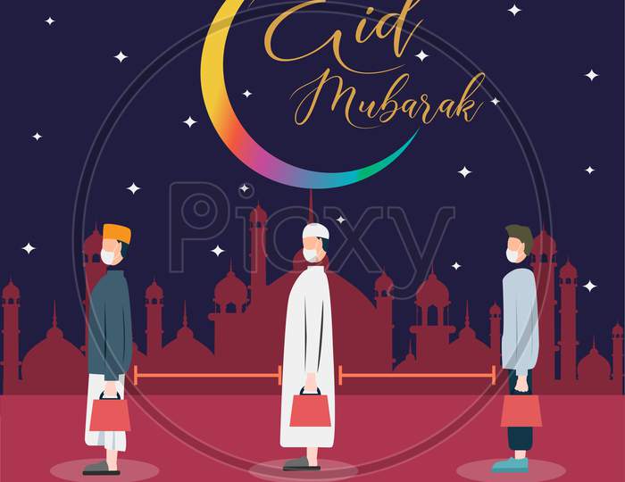 Eid Mubarak And Social Distancing During Coronavirus Pandemic Poster, Vector Illustration