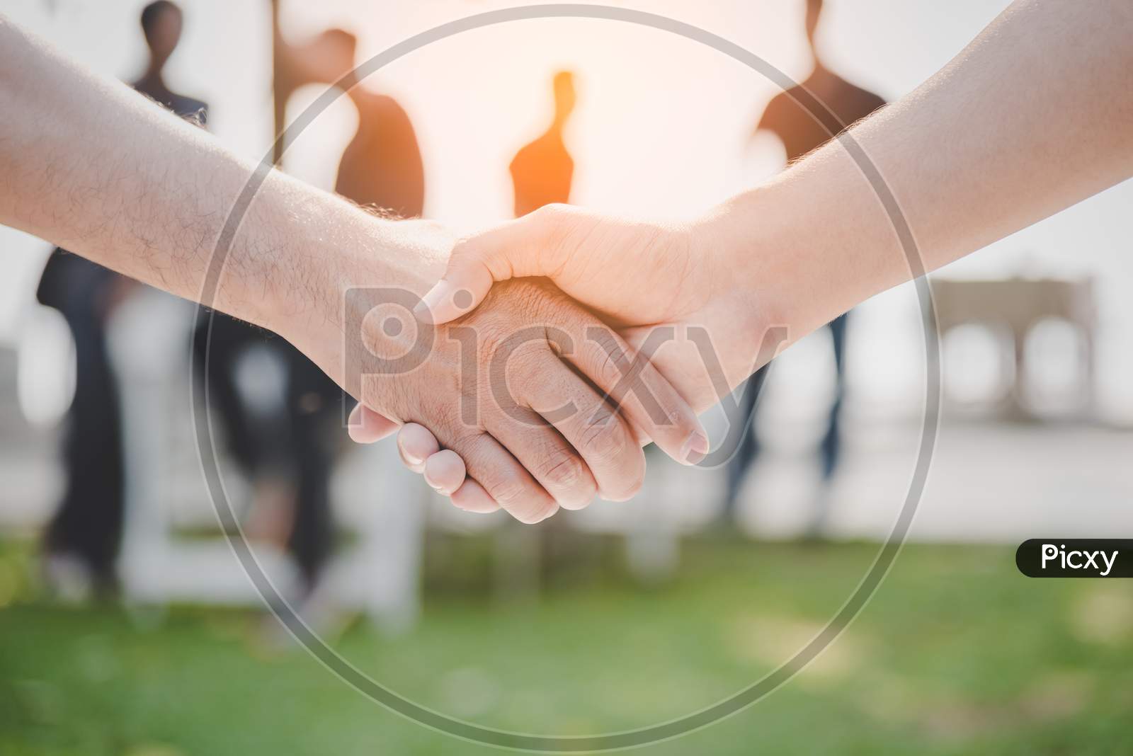Handshake Of Two Business People At Outdoors. Business And Nature Concept. Meeting And Partnership Theme. Blurry People In Background Elements.