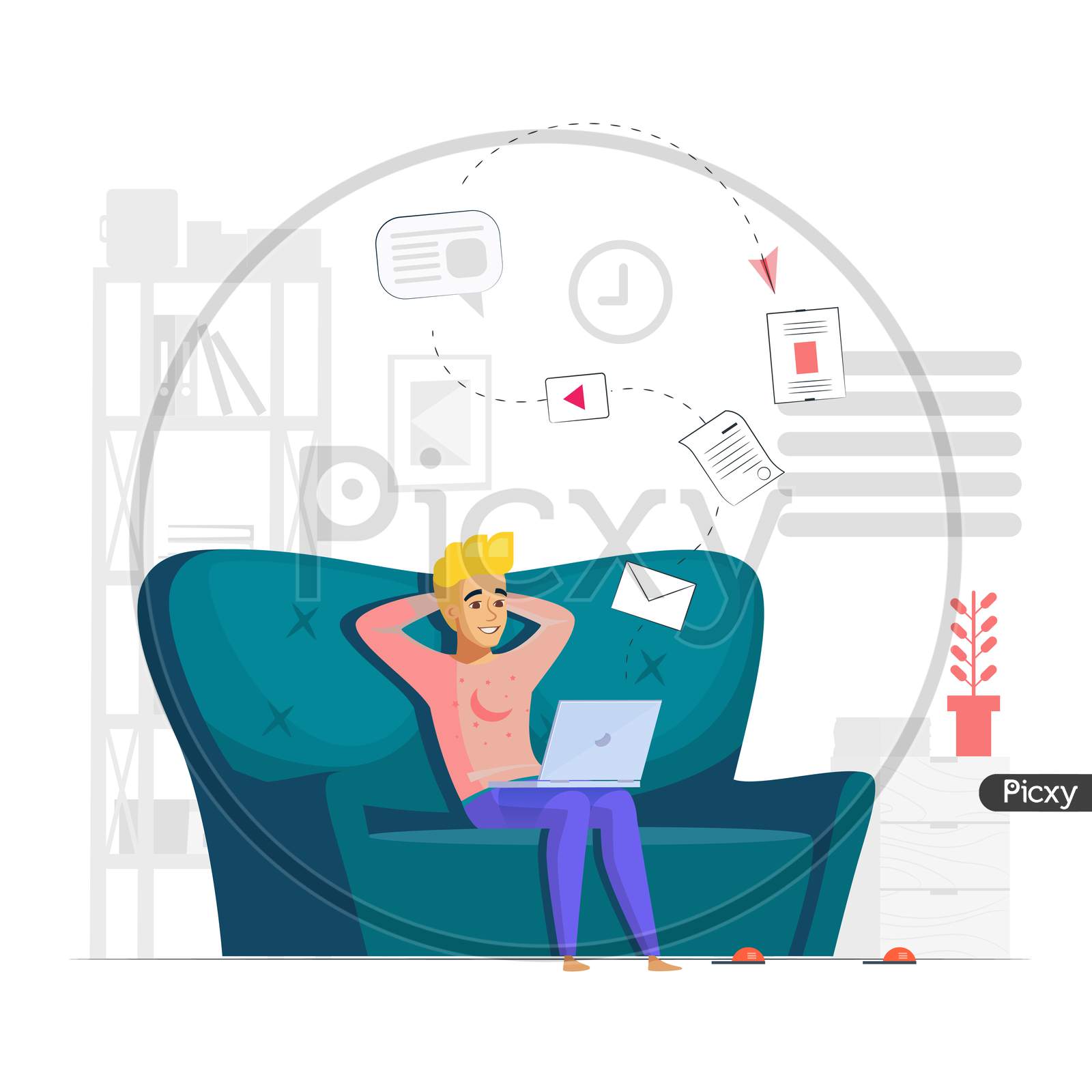 Boy working from home, telecommuting, mobile work during coronavirus pandemic, vector illustration