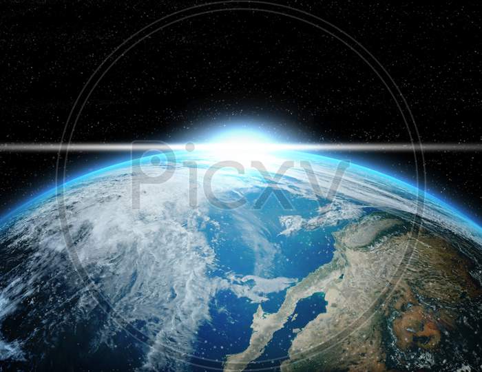 Earth In Deep Space With Lighting Sunlight. Group Of Stars On Black Background. Astronomy And Science Concept. Blue Marble Global And Dark Planet Theme. Elements Of This Image Furnished By Nasa.