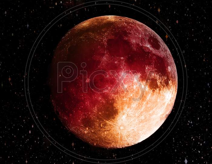 Super Blue Bloody Moon In The Galaxy Background. Science And Planet Concept. Full Moon And Horror Scene Theme. Red Moon. Elements Of This Image Furnished By Nasa