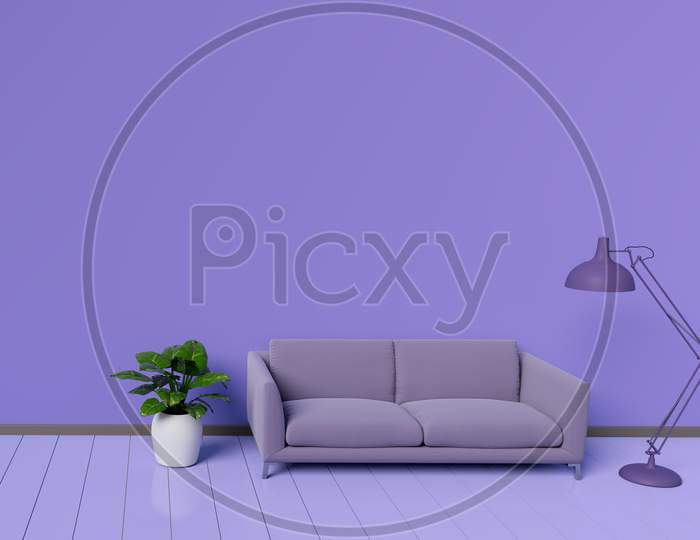 Modern Interior Design Of Purple Living Room With Sofa An Plant Pot On White Glossy Wooden Floor. Lamp Element. Home And Living Concept. Lifestyle Theme. 3D Illustration Rendering.