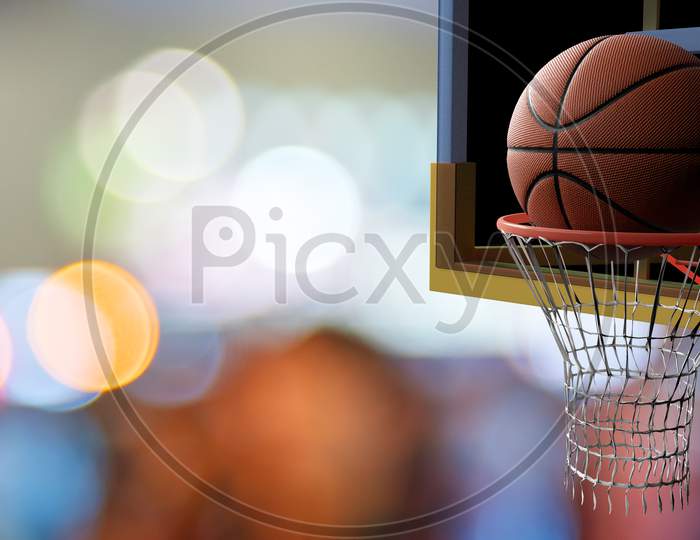 Basketball Going Into Hoop On Beautiful Bokeh Of Colorful Stadium Light Background. Sport And Competitive Game Concept. 3D Illustration.