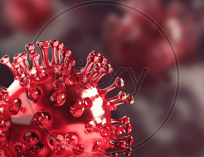 Closeup Coronavirus Covid-19 In Human Lung Body Background. Science Microbiology Concept. Purple Corona Virus Outbreak Epidemic. Medical Health Virology Infection Research. 3D Illustration Rendering