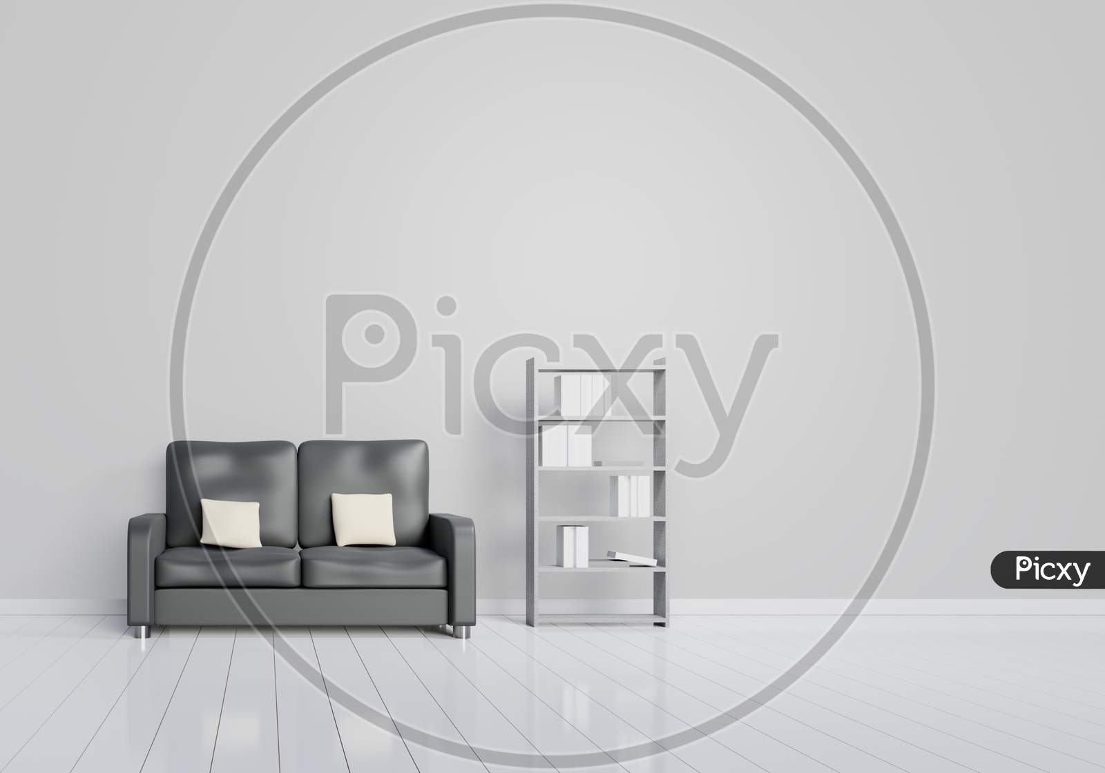 Modern Interior Design Of Living Room With Black Sofa With Grey And Wooden Glossy Floor And Book Shelves. White Cushions Elements. Home And Living Concept. Lifestyle Theme. 3D Illustration Rendering.