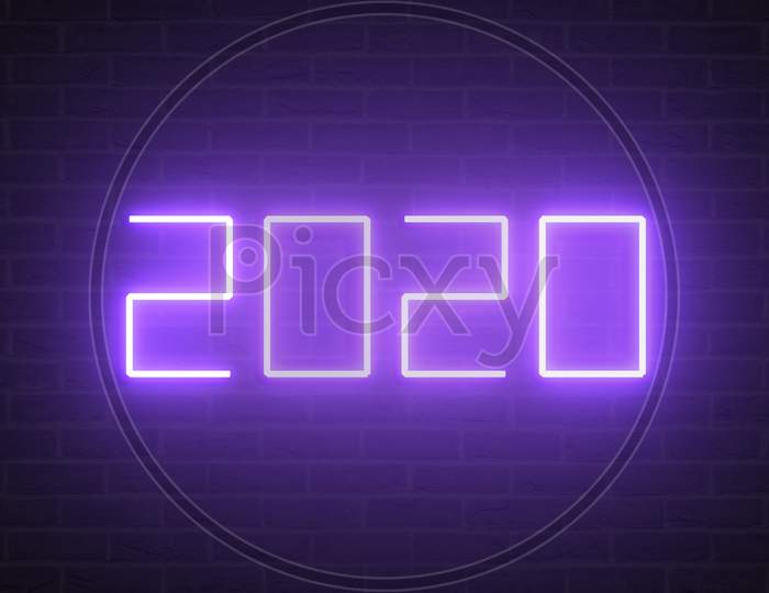 Happy New Year 2020 With Flickering Purple Neon Light On Brick Wall Background. Glowing Abstract And Wallpaper. 3D Illustration Graphic Design