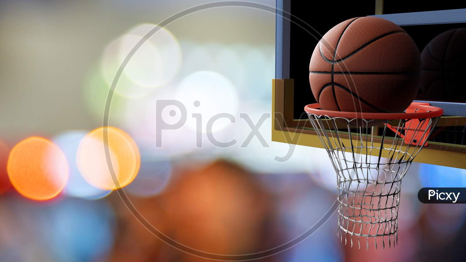 Basketball Going Into Hoop On Beautiful Bokeh Of Colorful Stadium Light Background. Sport And Competitive Game Concept. 3D Illustration.