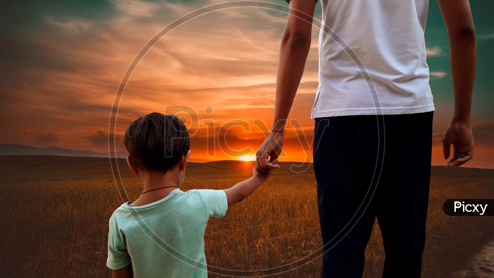 Dad Holding Daughter'S Hand Looking Sunset Based On Father'S Day