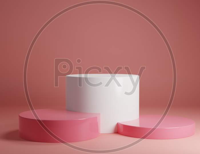 White Pink Pastel Product Stand On Background. Abstract Minimal Geometry Concept. Studio Podium Platform Theme. Exhibition Business Marketing Presentation Stage. 3D Illustration Render Graphic Design