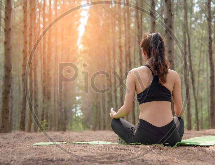Beautiful Asian Young Woman Lying On Green Mat And Doing Yoga In Forest. Exercise And Meditation Concept. Peaceful And Countryside Concept. Pine Wood In Summer Theme. Back View