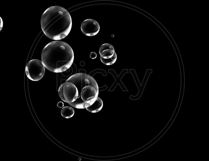 Bubble Foam Particle Floating In Air Deep Black Sea Background. Nature And Abstract Science For Decoration Template Wallpaper Element. Aqua And Ocean Liquid Water Theme. 3D Illustration Graphic Design
