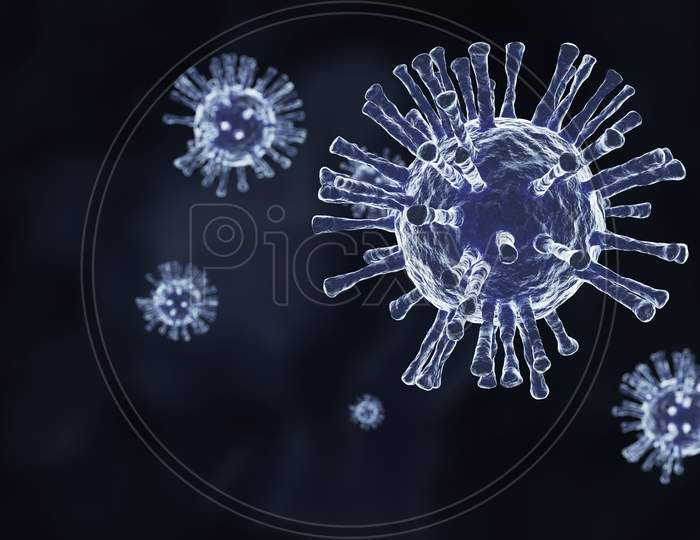 Closeup Blue Coronavirus Covid-19 In Human Lung Body Background. Science Microbiology Concept. Corona Virus Outbreak Epidemic. Medical Health Virology Infection Research. 3D Illustration Rendering