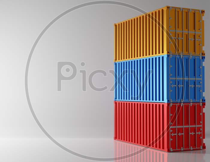 Three Color Intermodal Container Stack On White Background. Industry Shipping Container Storage Cargo In Warehouse Shipyard Dock. Import And Export Concept. Studio Shot. 3D Illustration Rendering