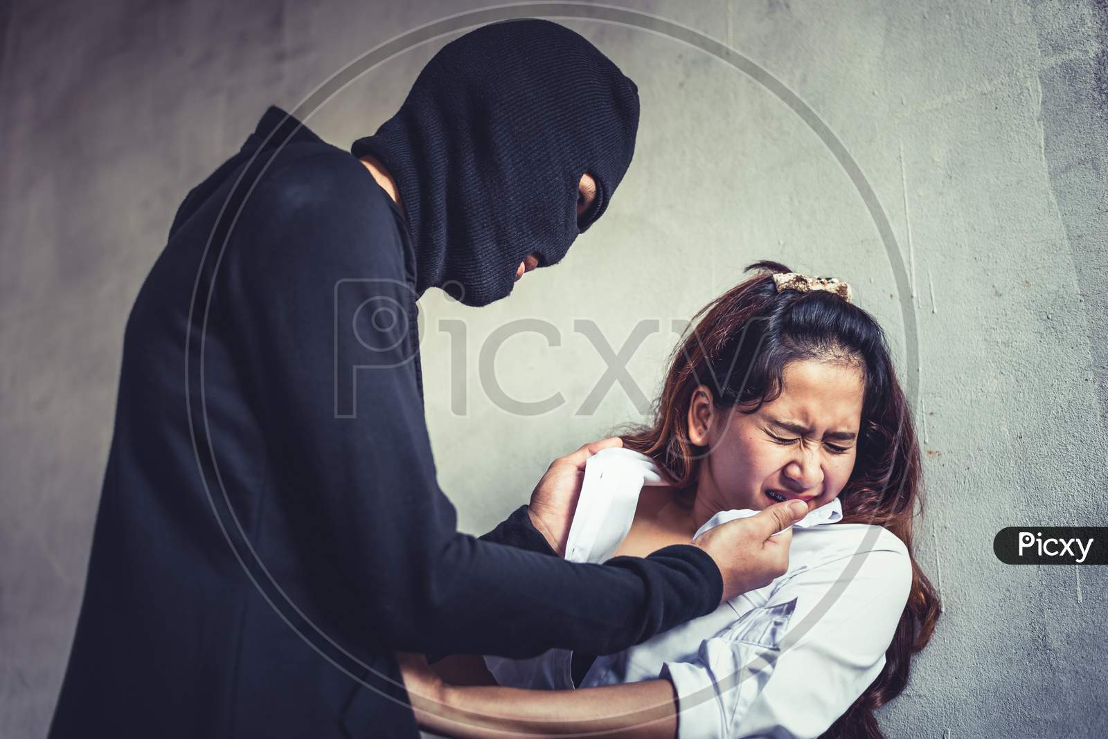 Robber Or Thief Force Woman To Take Off Her Clothes And Raping In Abandoned House. Criminal Sexual And Illegal Violence Crisis Concept. Social Issues And Problem Concept