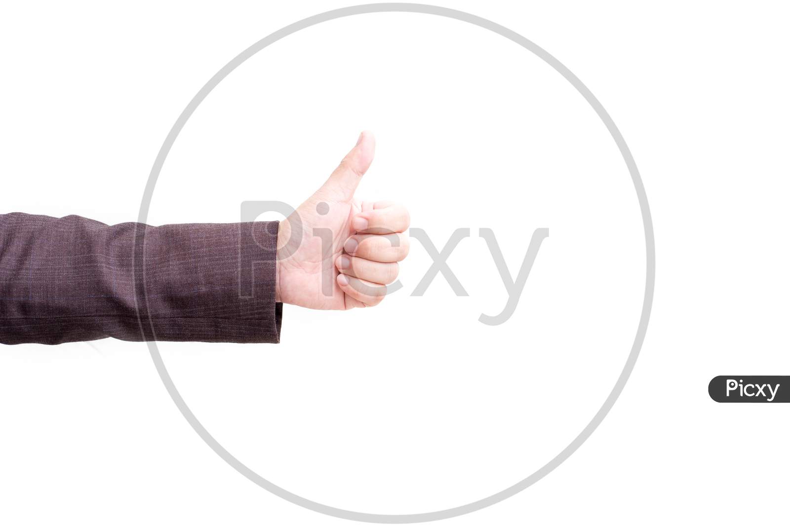 Thumbs Up Hand Sign On White Isolated Background. Cheerful And Success Of Business Concept. Finger Of People Hand