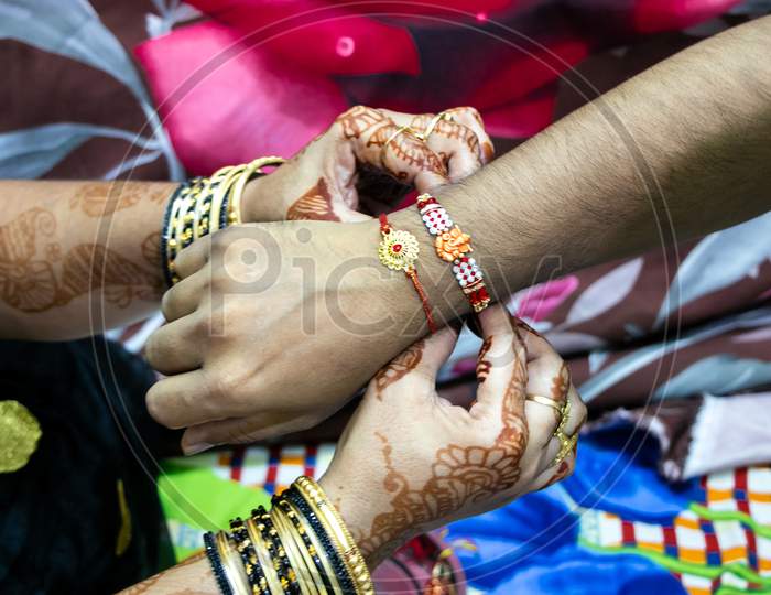 Rakshabandhan, Celebrated In India As A Festival Denoting Brother-Sister Love And Relationship. Sister Tie Rakhi As Symbol Of Intense Love For Her Brother.