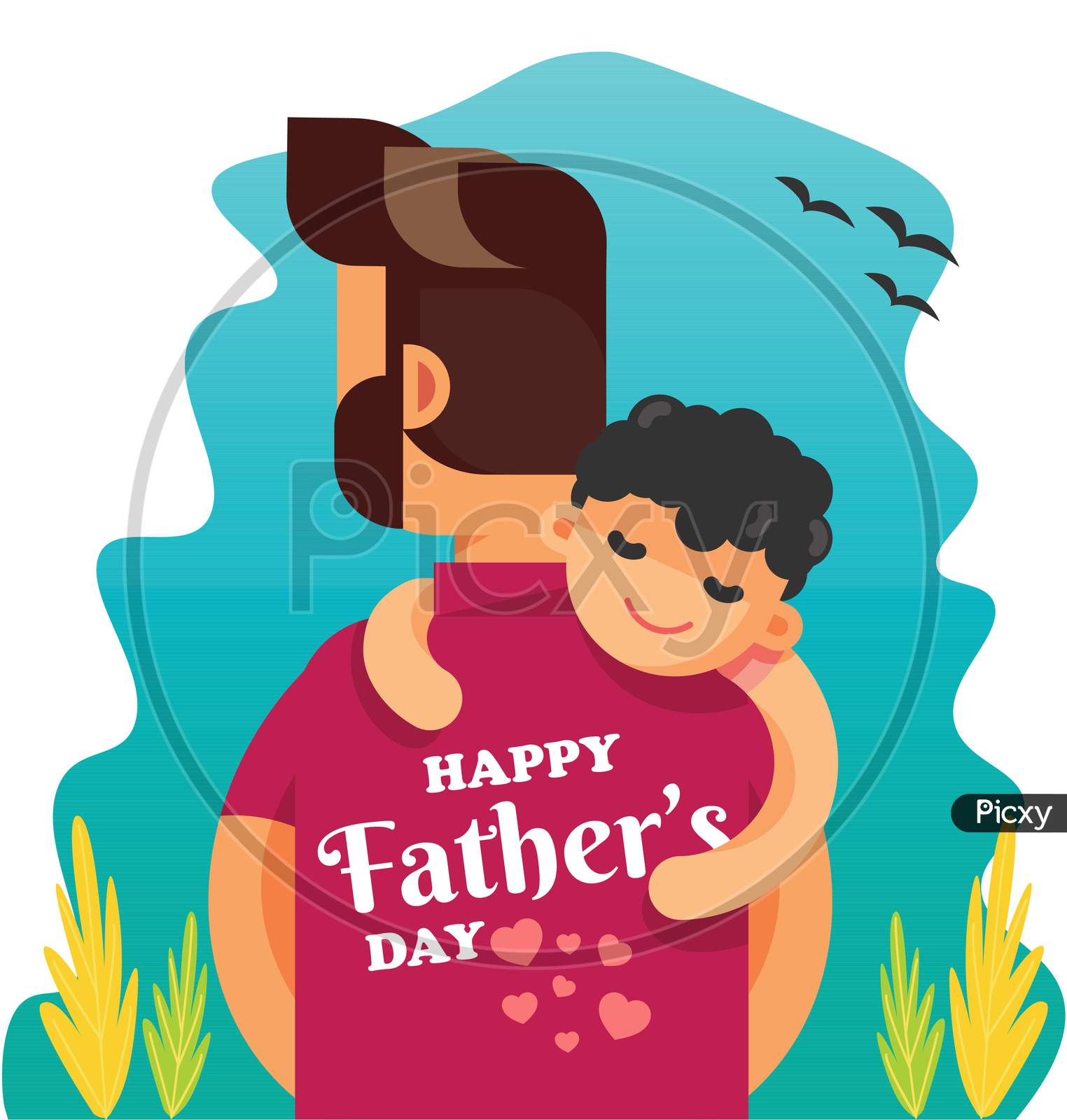 Happy Fathers Day, Scenery With Kid On Dad'S Shoulder Illustration Poster, Vector