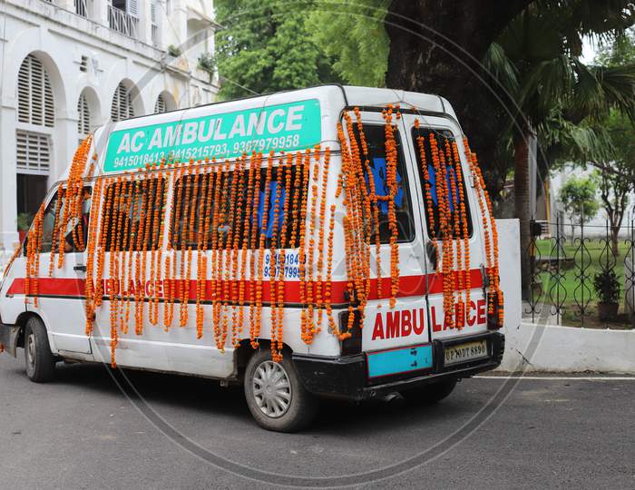 An Ambulance Carries The Mortal remains of N K Deepak Singh, An Indian Soldier Who Was Killed In A Border Clash With Chinese Troops In Ladakh Region, During His Funeral Ceremony At Military Hospital In Prayagraj, June 19, 2020