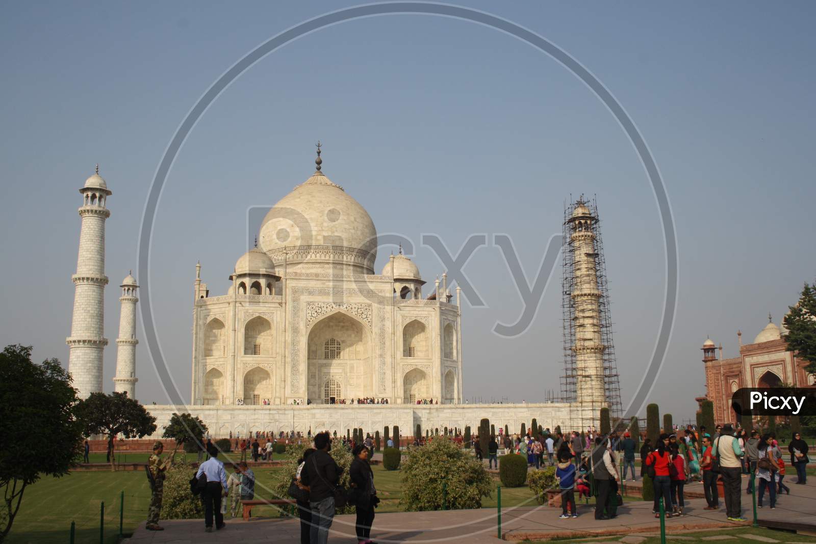 a view of the famous Taj Mahal, a white marble mausoleum