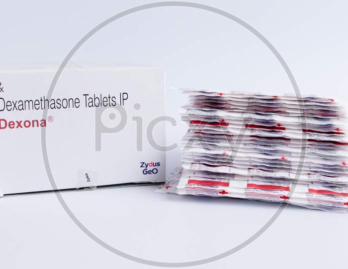 Maski, India - June 06,2020 : Dexamethasone Steroid Drug Or Tablets On Isolated Background.